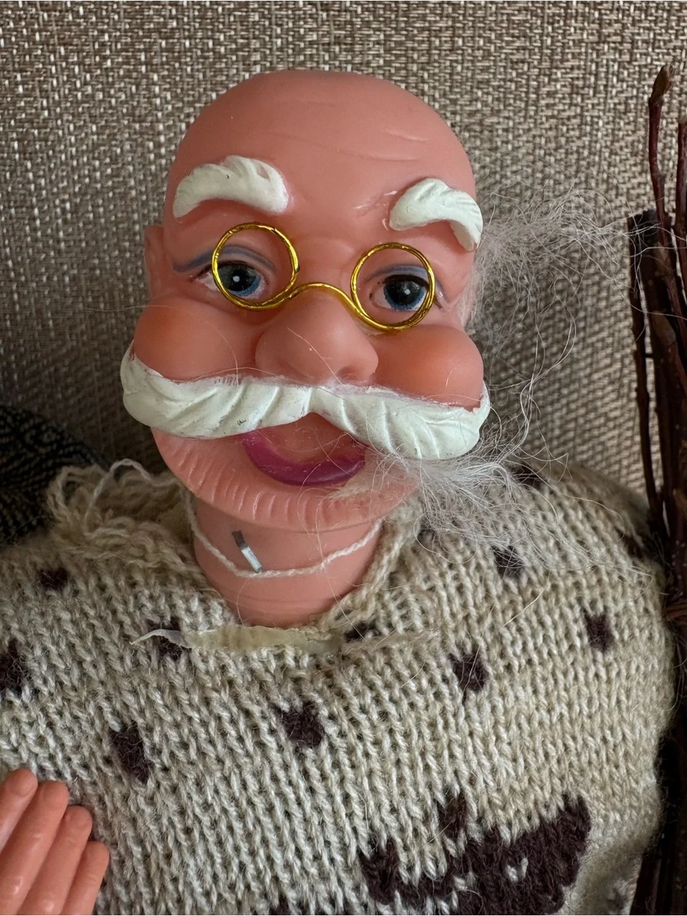 Nordic Old Man Santa Claus Doll Reindeer Knit Sweater Twig Bundle Rustic Holiday